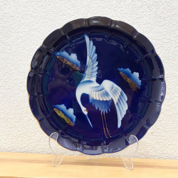 Vintage Japanese Nyazan Jakuzan Crane Cobalt Blue Decorative 10” Pedestal Plate - Picture 1 of 11
